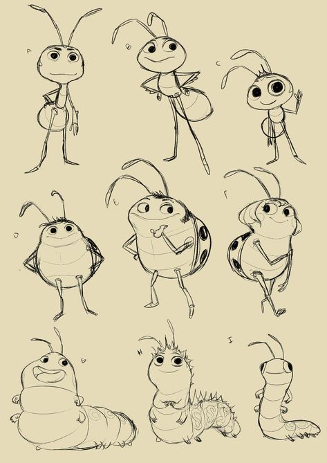 Anthill Drawing, Bug Illustration Cute, Ladybug Character Design, Cute Insect Drawings, Ant Character Design, Insect Character Design, Cute Bug Drawing, Dragonfly Character, Butterfly Character Design