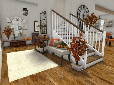 Fall House Outside, Halloween House Bloxburg Layout Ideas, Small Fall Bloxburg Houses Exterior, Blocksburg Fall House Ideas, Bloxburg Fall Tree Decal Codes, Bloxburg Fall Mansion Ideas, Autmn Bloxburg House, Bloxburg Fall House Living Room, Bloxburg House Ideas Halloween Layout