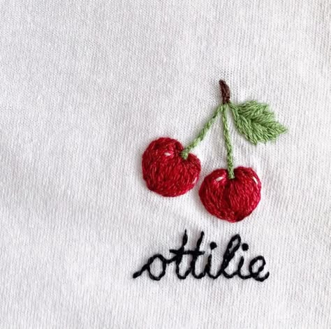 Cherry Embroidery Tutorial, Cherry Embroidery Design, Tomato Embroidery, Embroidery Clothes Ideas, Cherries Embroidery, Cherry Clothes, Socks Design Ideas, Embroidered Cherries, Back Of Embroidery