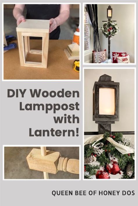 Diy New Orleans Lamp Post, Lamp Post Diy How To Make, Diy Christmas Lantern Post, Wood Christmas Lantern, Wooden Christmas Lanterns Diy, Diy Christmas Light Post, Diy Lamp Post Christmas, Christmas Lamp Post Diy, Christmas Lantern Ideas Diy