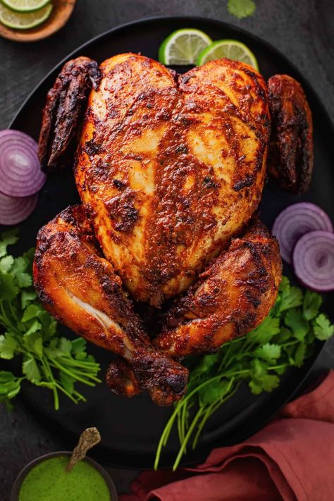 Air Fryer Whole Tandoori Chicken - Sinfully Spicy Tandoori Chicken Recipe Indian, Tandoori Chicken Marinade, Chicken In The Air Fryer, Tandoori Marinade, Tandoori Paste, Ayam Bakar, Tamarind Chutney, Chicken Masala, Chaat Masala