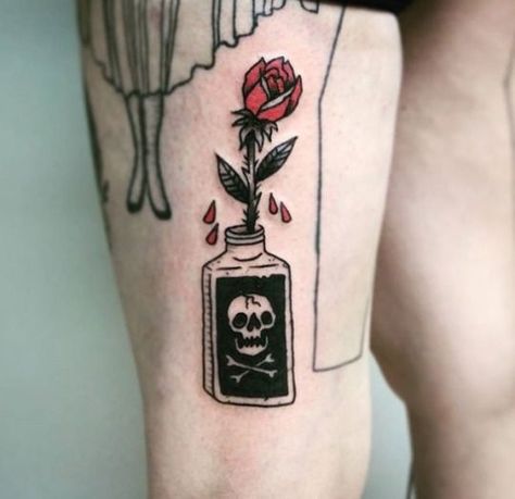 Poison bottle and red rose tattoo on the leg Tattoo Planets, Fernweh Tattoo, Tattoo Wallpaper, Chicago Tattoo, Poison Bottle, Sanskrit Tattoo, Bottle Tattoo, Cross Tattoos, Tattoo Magazine