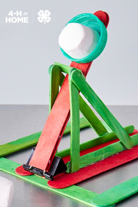 Marshmallow Catapult Diy For Kids, Catapult Design Ideas, Catapult Project Physics, Cloverbud 4h Projects, Homemade Catapult, Catapults For Kids, 4h Cloverbud, 4h Activities, Catapult Design