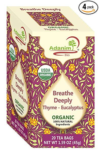 Adanim Eucalyptus Thyme & Mullein Tea - Organic Gourmet De-Congest Lung Health Respiratory Support Herbal Tea Blend (Pack of 4, 80 Count) Mullein Tea, Mullein Leaf, Thyme Tea, Natural Decongestant, Lung Health, Medicinal Tea, Eucalyptus Tea, Holistic Diet, Lungs Health