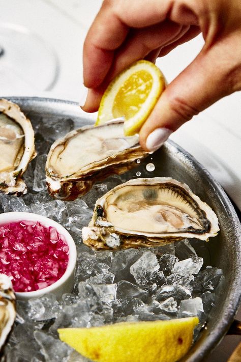 Lemon Drops on an Oyster Platter. Migonette Sauce. Oyster Food Photography, Oyster Photography, Oysters Aesthetic, Oyster Platter, Gourmet Seafood, Seafood Festival, Food Photography Dessert, Oysters Rockefeller, Lemon Drops