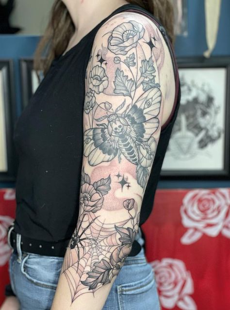 Goth Floral Sleeve Tattoo, Apothecary Tattoo Sleeve, Spooky Cottagecore Tattoo, Spooky Botanical Tattoo, Gothic Half Sleeve Tattoo, 3/4 Sleeve Tattoo, Witchy Patchwork Tattoo, Spooky Flower Tattoo, Spooky Tattoo Sleeve