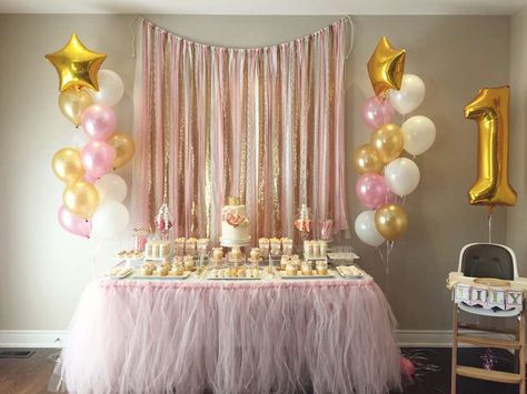 What an incredible pink and gold birthday party! See more party ideas at CatchMyParty.com! Torturi Baby Shower, Pink And Gold Birthday Party, Sweet 17, Garland Backdrops, Gold Birthday Party, Baby Shower Table, Birthday Table, 1st Birthdays, Gold Birthday