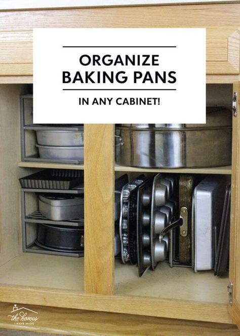 Easily Organize Your Baking Pans (In Any Cabinet!) - The Homes I Have Made Kitchen Pans Organization, Baking Pans Storage, Baking Pans Organization, Baking Cabinet, Baking Organization, Baking Cupboard, Cabinet Organization Ideas, Baking Storage, Baking Station