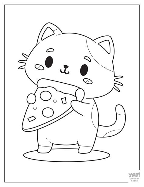 Cute cat holding pizza slice. Yay Coloring Pages, Cute Simple Coloring Pages, Children Coloring Pages, Cute Coloring Pages For Kids, Pizza Coloring Page Free Printable, Coloring Pages Aesthetic Food, Pizza Colouring Sheet, Kawaii Animal Coloring Pages, Coloring Pages Kawaii Food