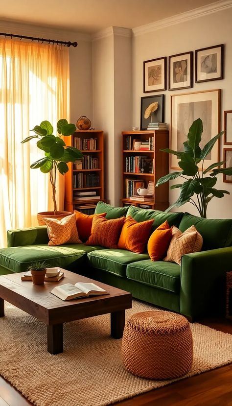 Step into a serene living room where warm, golden sunlight pours through sheer ivory curtains, creating a tranquil atmosphere. The plush emerald green sectional sofa is the centerpiece, accented with textured throw pillows in rust and mustard hues. A rustic wooden coffee table, adorned with a potted succulent and an open book, sits on a cozy cream rug. A towering bookshelf filled with eclectic novels and a gallery wall of framed art seamlessly blend modern and vintage styles. A fiddle leaf fig plant adds a refreshing touch of nature. #CozyLiving #InteriorDesign #HomeDecor Beige Orange Green Living Room, Yellow And Green Living Room Ideas, Green Burnt Orange Living Room, Orange And Green Interior Design, Cosy Colourful Living Room, Mustard Curtains Living Room, Emerald Green Living Room Ideas, Mustard And Green Living Room, Emerald Green Sectional