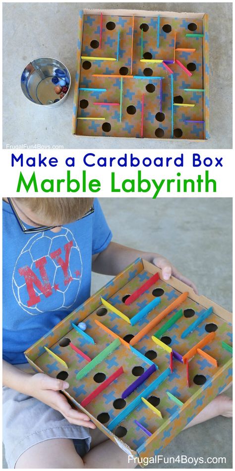 Engineering Activity for Kids - Build a Cardboard Box Marble Labyrinth! Oh my goodness.  You have to try this project!  This cardboard box marble labyrinth game is simple to put together, and my kids have been fighting over turns on it.  In a good way, though.  It has been a huge hit! This post contains Amazon Affiliate links. My dad has an old wooden labyrinth game that he got as a kid, and I enjoyed playing with it when I was young.  If you haven't seen one before, the idea of the game is to n Marble Labyrinth, Marble Crafts, Labyrinth Game, Marble Maze, Marble Games, Cardboard Box Crafts, Cardboard Toys, Maze Game, Game For Kids