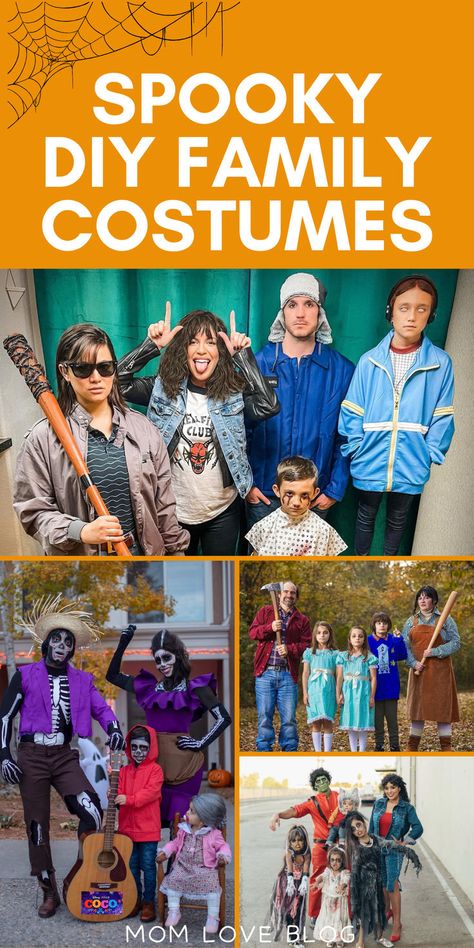 Collage of spooky family Halloween costumes. Spooky Family Costumes, Diy Halloween Costumes For 3, Dark Halloween Costumes, Family Costumes For Halloween, Diy Family Costumes, Halloween Costumes For Families, Creative Group Costumes, Family Costumes For 3, Horror Movie Costumes