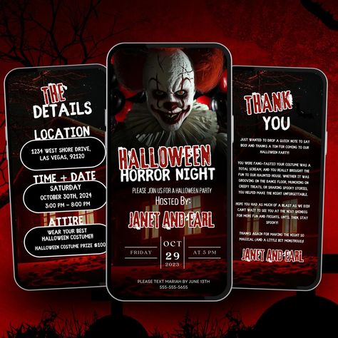 Halloween Movie Night Party Invitation, Red Clown, Digital Animated Horror, Adult Costume Party, Editable DIY Template, Ghost Invite - Etsy Movie Night Party Invitations, Halloween Movie Night Party, Night Party Invitation, Pumpkin Carving Contest, Halloween Movie Night, Haunted House Party, Spooky Costumes, Movie Night Party, Spooky Halloween Party