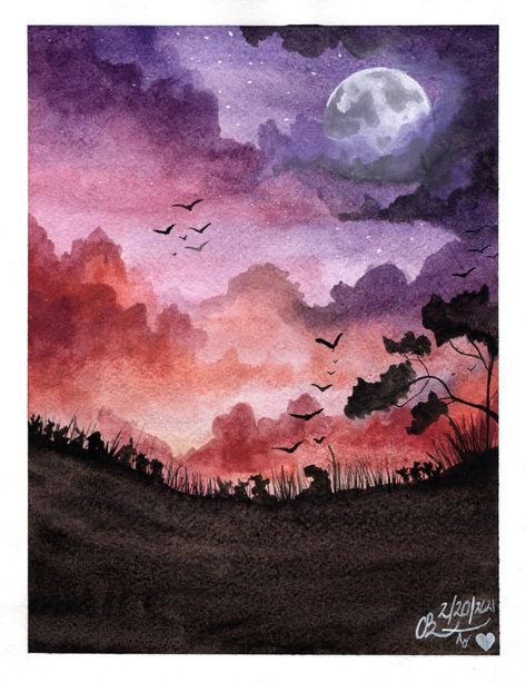 Art Print of Watercolor/Gouache Piece. Printed on Matte Premium Photo Paper. Piece is of a Sunset with the moon high in the sky casting a silhouette shadow over a field. Night Landscape Watercolor, Watercolor Art Silhouette, Moon Art Watercolor, Watercolour Projects, Moon Watercolor Painting, Beautiful Scenery Drawing, Silhouette Shadow, Silhouette Watercolor, Moon Watercolor