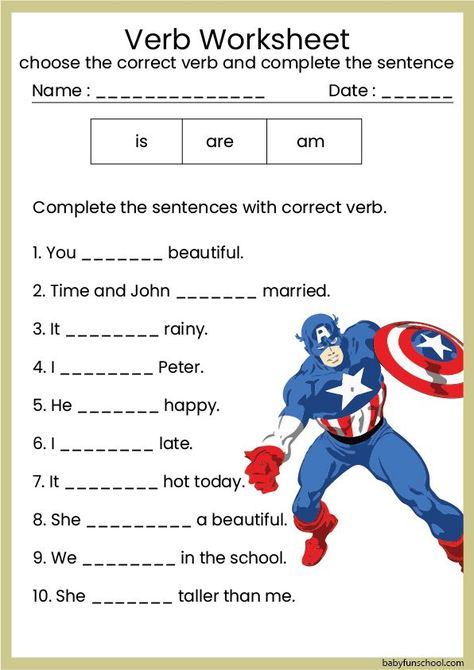 This free worksheet teaches kids how to use is, are, and am. Is Am Are Worksheets, Verb Worksheets, 1 Peter, English Vocabulary Words, Vocabulary Words, English Vocabulary, Teaching Kids, Captain America, Vocabulary