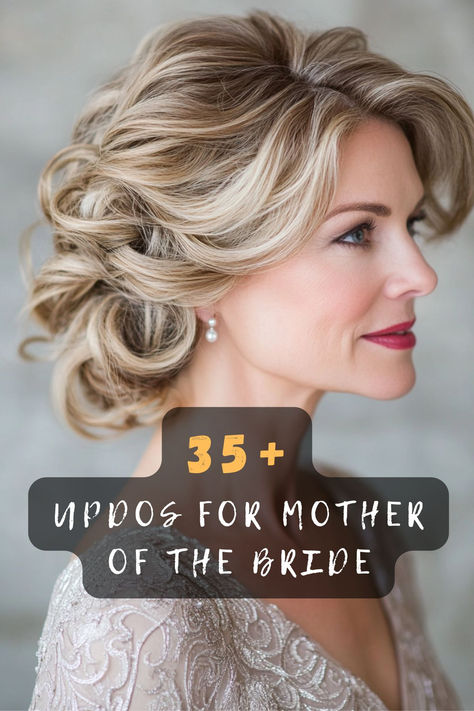 Discover 35 elegant updo ideas perfect for the mother of the bride. 💐 These hairstyles offer sophistication and grace, ensuring you look stunning on the special day. Ready to find the perfect updo to complement your outfit? Click to explore all the elegant hairstyle ideas! #MotherOfTheBride #ElegantUpdos #WeddingHair #SophisticatedStyle #GracefulHairdos #SpecialOccasion #BridalParty Hairstyles For Mother Of The Groom Over 50, Hairstyles For The Mother Of The Bride, Updos For Off The Shoulder Dress, Brides Mother Hairstyle, Wedding Mom Hairstyles, Formal Updos For Medium Length Hair Classy, Low Up Do Wedding Hair, Older Bride Hairstyles, Older Women Updo Hairstyles