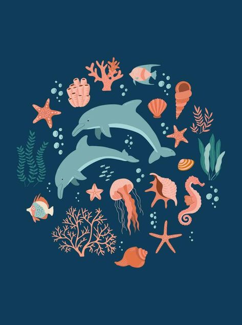 Set with dolphins and sea life elements. Beautiful underwater world in flat style. Vector set of marine objects, summer print. Fish, jellyfish, shells, seaweed and corals. World ocean day poster Marine Life Art, World Ocean Day, Beautiful Underwater, Warriors Illustration, Sea Illustration, Color Me Mine, School Murals, Ocean Day, Whale Art