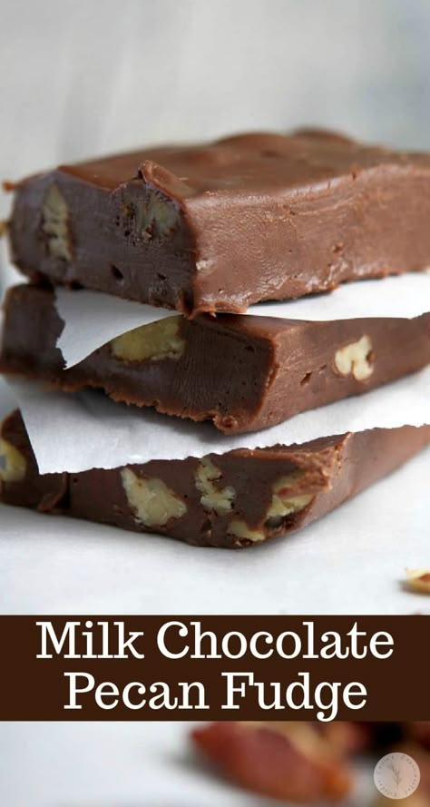 You're going to love this no bake, Milk Chocolate Pecan Fudge made with sweetened condensed milk, pecans and milk chocolate. Fudge Desserts, Fudge Recipe Condensed Milk, Chocolate Pecan Fudge, Chocolate Pecans, Pecan Fudge, Grinch Ideas, Milk Chocolate Fudge, Milk Chocolate Recipes, Fudge Dessert