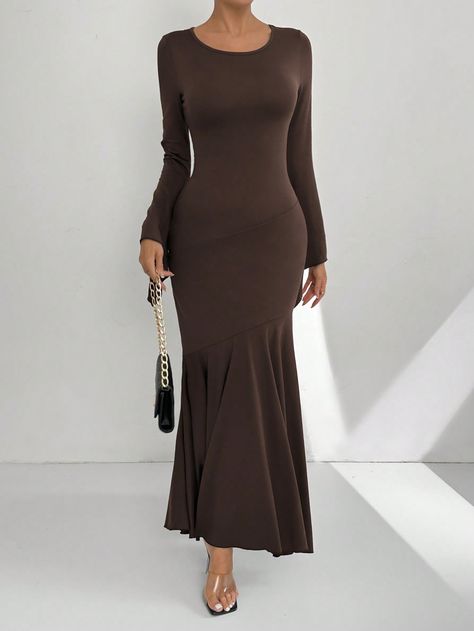 Solid Color Round Neck Bodycon Fishtail Hem Elegant Long Sleeve Dress , Brown Brown Elegant  Long Sleeve Knitted Fabric Plain Bodycon Medium Stretch  Women Clothing, size features are:Bust: ,Length: ,Sleeve Length: Dress Flowy, Mens Winter Coat, Brown Brown, Women Maxi, Sleeves (women), Flowy Dress, Womens Maxi Dresses, Long Sleeve Maxi Dress, Long Sleeve Knit