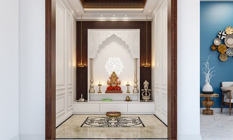 An all-white puja room colour as per vastu ambience brings all the positive vibes Pooja Design, Temple Ideas, Pik 2, Positive Aura, Office Idea, Mandir Design, House Outer Design, Pooja Items, Pooja Mandir