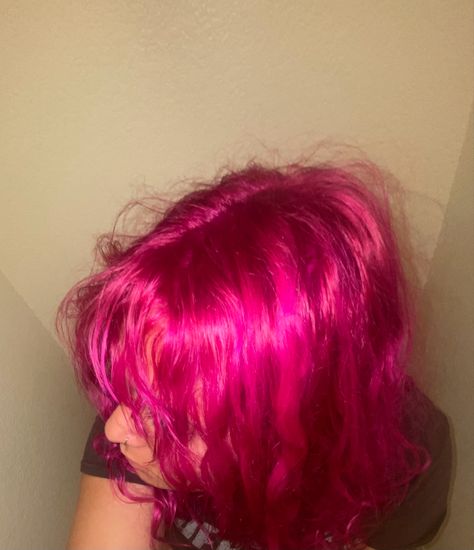 Neon Pink Hair Aesthetic, Curly Hot Pink Hair, Hot Pink Hair Ideas, Red To Pink Hair, Dark Pink Hair Dye, Colored Hair Aesthetic, Hot Pink Hair Aesthetic, All Pink Hair, Hot Pink Curly Hair