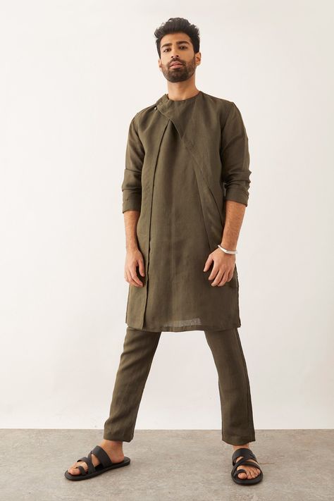 Military green linen kurta with multi-layered panel, round neckline and front buttons closure. Components: 1 Pattern: Solid Neckline: Round Sleeve Type: Three quarter Fabric: 100% Linen Color: Green Other Details:  Side slits Closure : Front buttons Note : Pant worn by the model is not for sale. Occasion: Mehendi and Puja - Aza Fashions Boys Shirts Style, Boho Men Style, Mens Indian Wear, Boys Kurta Design, Mens Smart Casual Outfits, Gents Kurta Design, Cotton Blouse Design, Kurta For Men, Gents Kurta