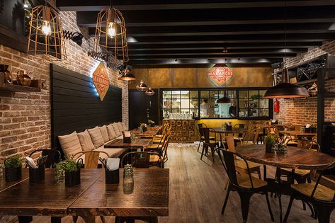 Makaronitehdas Jumbo restaurant interior design by VDPHelsinki Homey Restaurant Design, Mini Restaurant Design, Rustic Restaurant Interior Design, Burger Restaurant Design, Bbq Restaurant Design, Rustic Restaurant Interior, Resturant Interior, Bbq Board, Pasta Restaurant