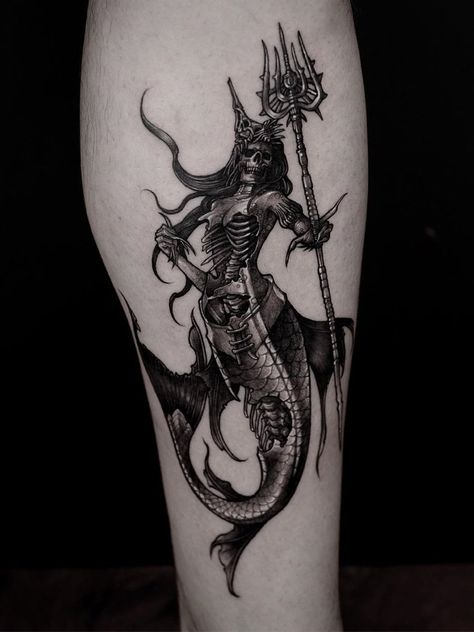 Undead Mermaid Tattoo, Sea Turtle Skeleton Tattoo, Mermaid Calf Tattoos For Women, Siren Skeleton Tattoo, Black Sea Tattoo, Gothic Siren Tattoo, Zombie Mermaid Tattoo, Spooky Mermaid Tattoo, Creepy Ocean Tattoo