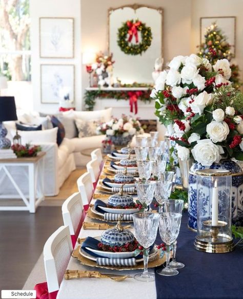 Luxe Christmas Decor Ideas, Front Porch Winter Decor Ideas, Porch Winter Decor, Front Porch Winter Decor, Decorating Ideas For Dining Room, Christmas Colour Schemes, Grandmillennial Style, Chinoiserie Christmas, Blue Christmas Decor