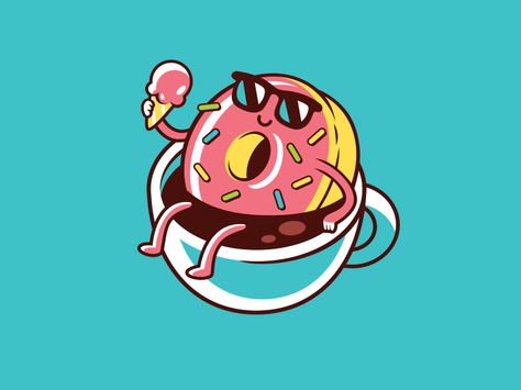 Donut over a cup with an ice cream #bakery #pink #blue Donut Illustration Cute, Donuts Illustration, Donut Character, Donut Illustration, Cartoon Donut, Bakery Logos, Donut Drawing, Donut Cartoon, Donut Logo