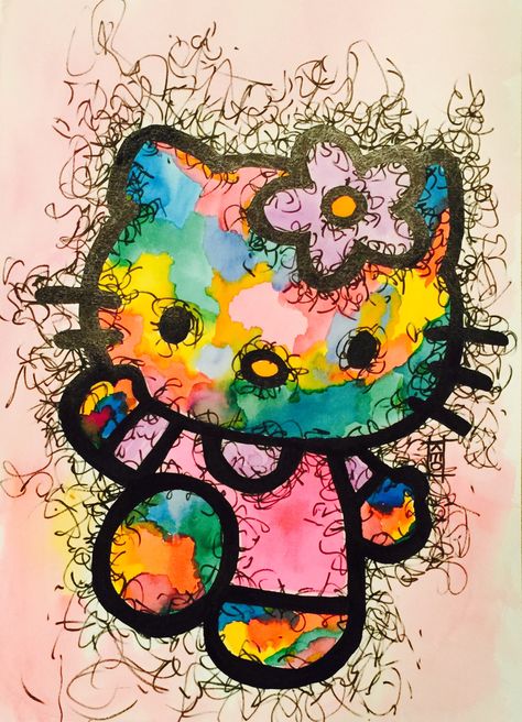 Hello Abstract Kitty 12 x 18 watercolor & ink -sold- Hello Kitty Watercolor, Hello Kitty With Flowers, Kitty Watercolor, Beach Icon, Hello Kitty Art, Watercolor Ink, Hello Kitty Pictures, Kitty Wallpaper, Hello Kitty Collection