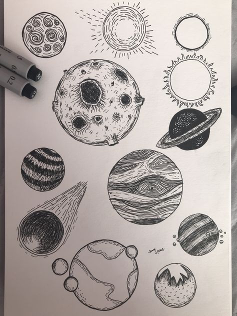 #pen #ink #planets Planet Tattoo, Art Du Croquis, Planet Drawing, Ink Pen Art, Space Drawings, Spine Tattoos, Sketchbook Ideas, The Solar System, Doodle Art Designs