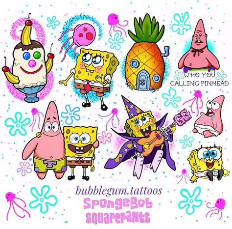 Tiny Spongebob And Patrick Tattoo, Spongebob American Traditional, Spongebob Tattoo Flash, Spongebob Squarepants Tattoo, Sponge Bob Tattoo Ideas, Chowder Tattoo, 90s Cartoon Tattoos Ideas, Sponge Bob Tattoo, 90s Cartoon Tattoo Designs