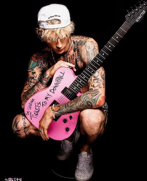 Pink Guitar, A Man, Guitar, Tattoos, Pink, White, Black, Instagram