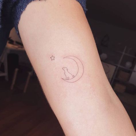 Minimalist dog and moon tattoo on the inner arm. Dog And Stars Tattoo, Dog Luna Tattoo, Dog On The Moon Tattoo, Luna Word Tattoo, Moon And Paw Tattoo, Moon With Dog Tattoo, Dog On Moon Tattoo, Sun Dog Tattoo, Moon And Dog Tattoo