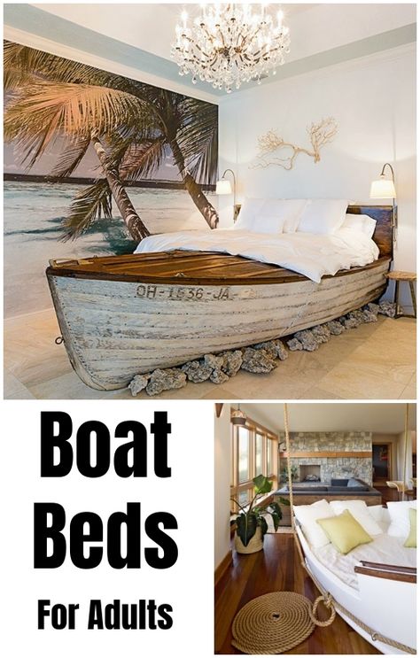 Usually boat beds are for the kids room. Not these boat bed ideas! Featured on Completely Coastal, along with other ideas how you can use a boat for home decor. Some crazy ideas too! Boat House Bedroom, Crazy Bed Ideas, Canoe Bed, Boat Upcycle, Boat Beds, Ship Bed, Boat House Decor, Boat Furniture, Boat Bed