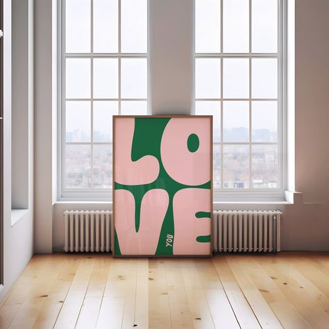 Love You Art Print | Bold Retro Poster Wall Decor | Green and Pink I love you wall art | 💗DIGITAL DOWNLOAD ONLY | Instantly download and print our digital wall art for a quick and affordable way to decorate your space. Our art prints also make excellent gifts, or you can use them as cute and unique wallpapers for your phone! Once purchased, your files will be instantly downloadable via your 'purchases' tab, or through a link sent directly to your email.  💗SIZING INFO:  Your download contains 5 Boho Aesthetic Living Room, Cool Apartment, Green Wall Decor, Aesthetic Living Room, Apartment Art, Boho Aesthetic, Living Room Wall Decor, Bedroom Prints, Green Decor