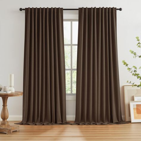 PRICES MAY VARY. 100% Blackout Linen Curtains: Our faux linen curtains to impede 100% unwanted light and UV rays. These blackout panels are made of thick, opaque materials that completely block out external light sources, providing complete darkness and privacy in a room. 4-Way Hanging Options: (1) Using the back loops to create an elegant pleated effect. (2)A classic rod pocket style, simply hang your curtains by passing the 3.3-inch rod pocket. (3) Using your own clip ring (4) Using small hook Brown Linen Curtains Living Room, Brown Drapes Living Room, Dark Brown Curtains Bedroom, Brown Linen Curtains, Light Brown Curtains, Brown Curtains Living Room, Patio Sliding Door, Textured Curtains, Keeping Rooms