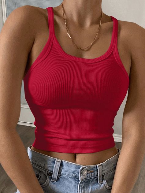 2024 Top corto deportivo para mujer de punto acanalado elástico minimalista - C Rojo Casual   Tela tejida Liso Tirantes Estiramiento medio  Women Clothing, size features are:Bust: ,Length: ,Sleeve Length: Red Cropped Tank Top, Blusas Crop Top, Plain Crop Tops, Crop Top Camisole, One Shoulder Shirt, Knitted Crop Tank Top, Cropped White Tee, Halter Neck Crop Top, Vest Crop Top