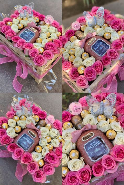 Flowers And Alcohol Gift, Decorated Boxes Ideas Gift, 21st Birthday Box Ideas, 21st Birthday Liquor Bouquet, Wine And Strawberry Gift Boxes, Buzzballz Decorated, Alcohol Flower Bouquet, Flower Box Gift Birthday, 21st Birthday Gift Baskets For Her