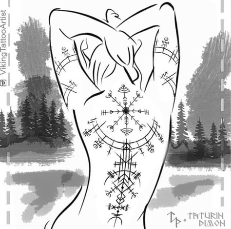 Viking Back Tattoo For Women, Norse Pagan Tattoos For Women, North Mythology Tattoo, Viking Tattoos For Women, Healer Tattoo, Viking Rune Tattoo, Pagan Tattoo, Gothic Tattoos, Line Tattoo Ideas