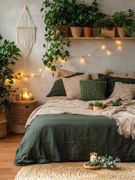 Transform your space with a cozy home bedroom refresh! This serene setup features lush plants, warm fairy lights, and earthy linen bedding. Create a relaxing oasis at home. 🌿 #decor #homerefresh #bedroominspo Calming Apartment Aesthetic, Bedding Ideas Earthy, Cozy Woodsy Bedroom, Room Decor Bedroom Earthy, Neutral Retro Bedroom, Boho Vibe Room, Green And Orange Bedroom Decor, Rust Olive Bedroom, Throw On Blanket On Bed