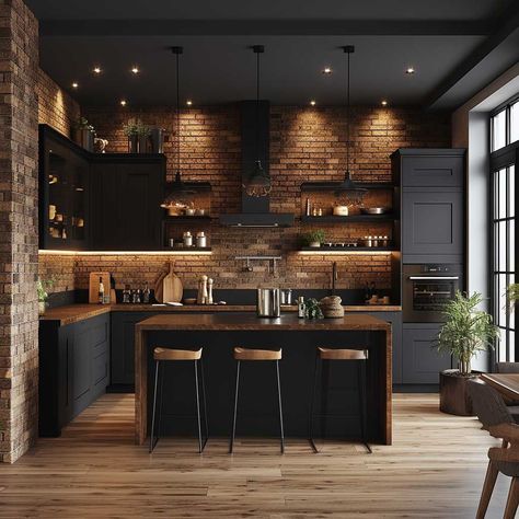 Industrial Kitchen Design, Industrial Style Kitchen, Dark Kitchen, Industrial Kitchen, Kitchen Inspiration Design, Kitchen Trends, Trendy Kitchen, Black Kitchens, Open Kitchen