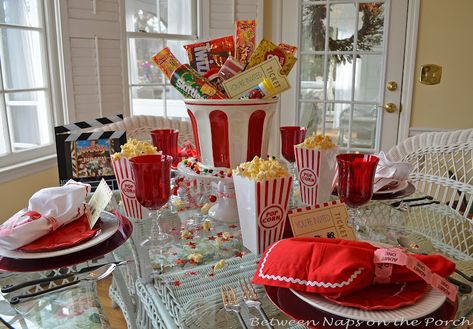 Children’s Party Table for Movie Night, The 178th Tablescape Thursday Deco Disney, Movie Themed Party, Parties Ideas, Movie Night Party, Simple Centerpieces, Hollywood Party, Teen Party, Festa Party, Movie Themes