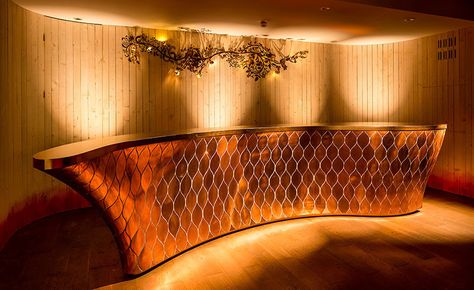 This Bar Was Designed With A Skin Of Copper Scales Hostess Desk, Tord Boontje, Ketel One Vodka, Bar Counter Design, Ketel One, Lobby Reception, Reception Counter, Copper Bar, Model House