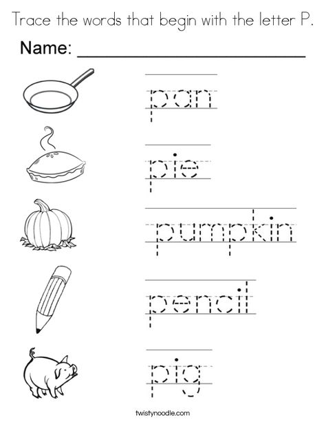 Trace the words that begin with the letter P Coloring Page - Twisty Noodle Letter P Coloring Page, Letter P Worksheets, Handwriting Worksheets For Kids, P Alphabet, Elementary Worksheets, Writing Practice Sheets, Twisty Noodle, Alphabet Words, The Letter P