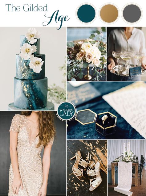 The Gilded Age - A Dark Romance Wedding in Teal, Charcoal Gray, and Elegant Gold Leaf - http://heyweddinglady.com/gilded-age-dark-romance-wedding/ Teal Wedding Colors, Wedding Color Scheme, Gold Wedding Colors, Afternoon Wedding, Wedding Themes Fall, Wedding Week, Wedding Color Inspiration, Teal Wedding, Week Diet