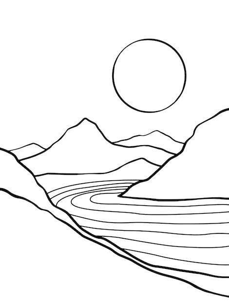 Mountain Colouring Page, Sun And Mountain Drawing, Mountain Scape Drawing, Mountain River Drawing, Mountain Range Drawing Simple, Nature Outline Drawing, Landscape Outline Drawing, Simple Landscape Coloring Pages, Mountain River Illustration