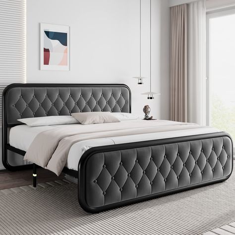 PRICES MAY VARY. Luxurious Velvet Upholstery: Combining a sleek button tufted design with an elegant velvet finish, the velvet upholstered headboard is soft and springy to the touch and great to lean against while reading Safety Protection: All sides of the metal platform bed frame are rounded, the smooth edges help to absorb any carelessness. The center leg of the platform bed has a fluorescent stripe to protect your toes from injury Heavt-Duty Metal Support: 10 steel slats and 4 upgraded cross King Size Metal Bed Frame, Full Size Metal Bed Frame, Queen Size Metal Bed Frame, Royal Bedroom Design, Button Tufted Headboard, Leather Headboard, King Size Bed Frame, Queen Bed Frame, Metal Platform Bed