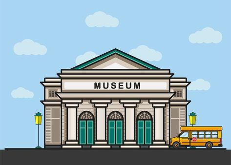 vector graphic, illustration, school bus, museum, educational, vector background, cartoon, simple vector, building, vector building, vehicle, isolated vector, icon, colored vector, vintage, flat design, flat vector Museum Cartoon, Building Front View, Animated Building, School Bus Illustration, Museum Illustration, Bus Illustration, Canva Idea, Museum Building, Creative Clips